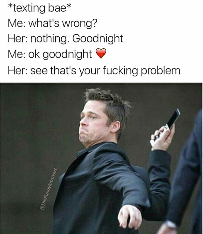 what's wrong?, nothing goodnight, ok goodnight, see that's your fucking problem, texting bae