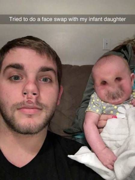 tried to do a face swap with my infant daughter, face as nose, fail, wtf, creepy