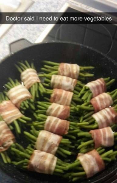 doctor said i need to eat more vegetables, asparagus wrapped in bacon