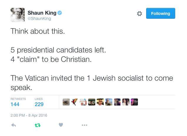 5 presidential candidates left, 4 claim to be christian, the vatican invited the 1 jewish socialist to come speak
