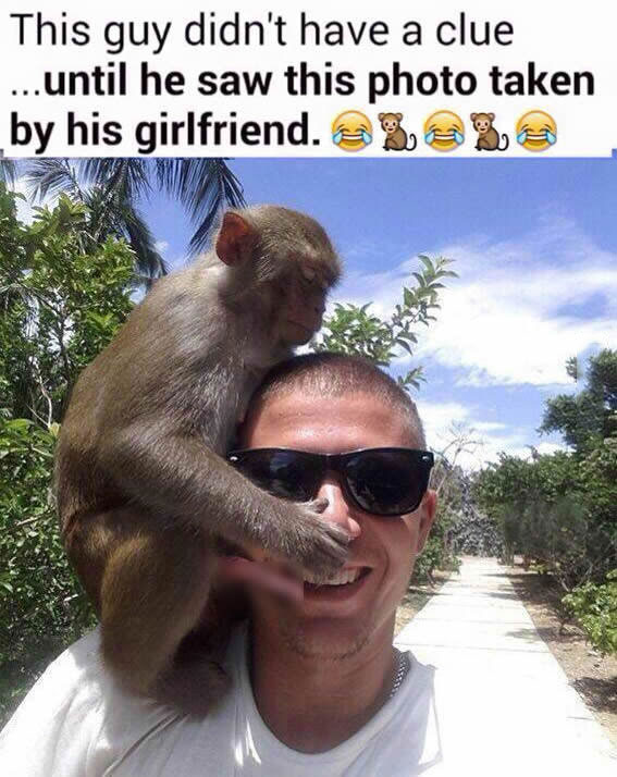 this guy didn't have a clue until he saw this photo taken by his girlfriend, monkey dick in guys mouth