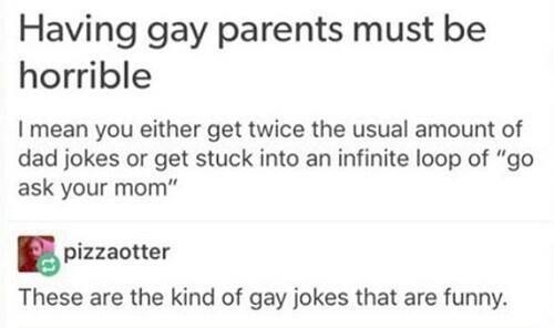 having gay parents must be horrible, you either get twice the usual amount of dad jokes or get stuck into an infinite loop of go ask your mom