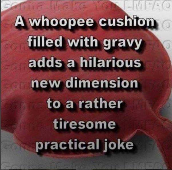 a whoopee cushion filled with gravy adds a hilarious new dimension to a rather tiresome practical joke