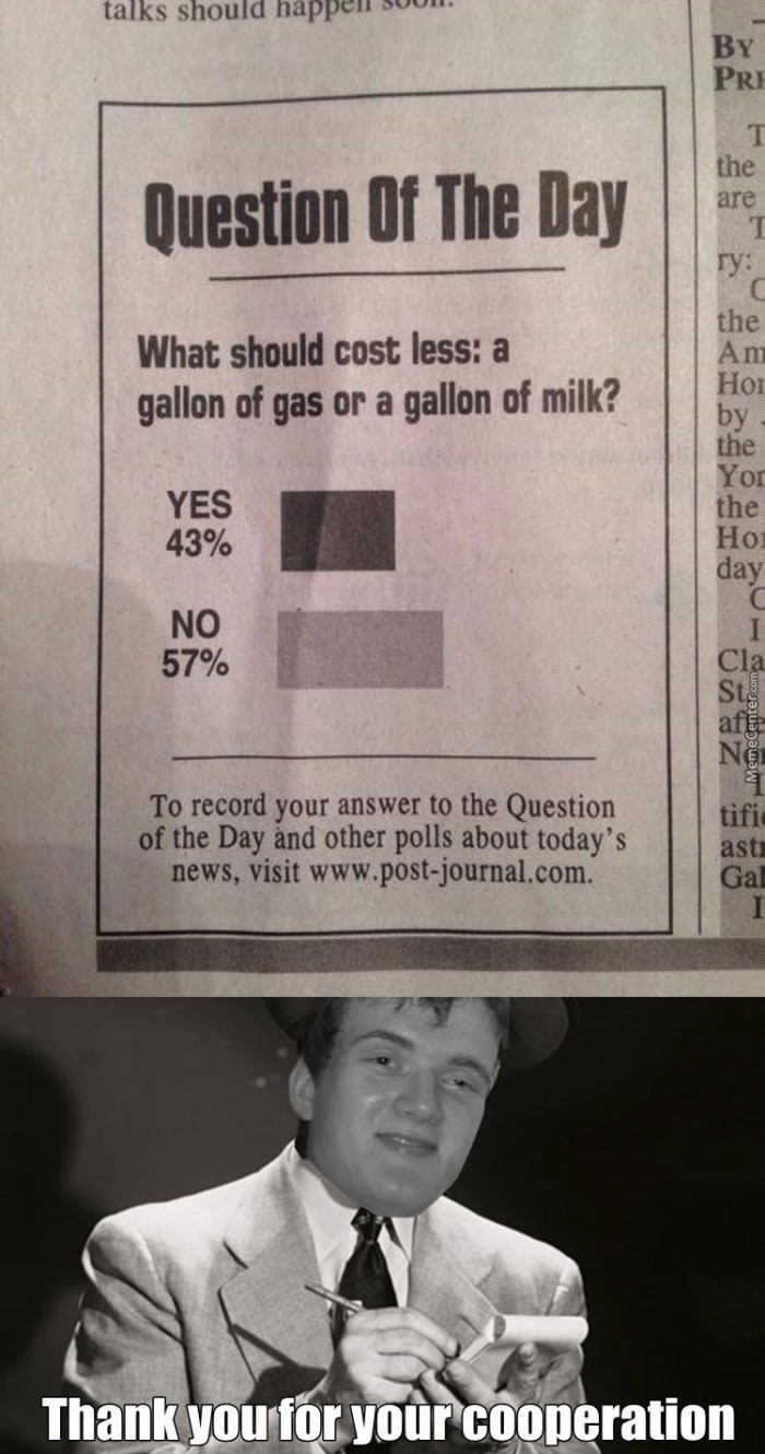 question of the day, a gallon of gas or a gallon of milk, yes, no