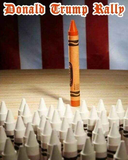 donald trump rally, orange crayon on stage above white crayons