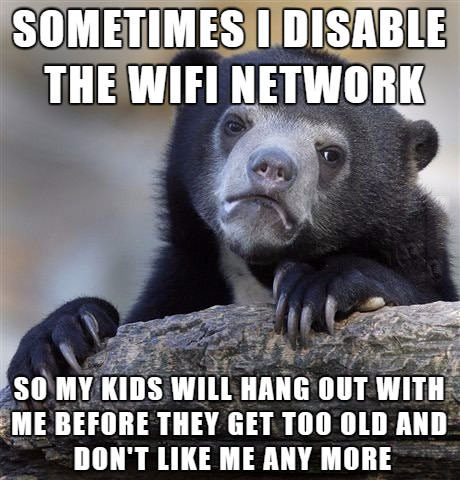 sometimes i disable the wifi network so my kids will hang out with me before they get too old and don't like me anymore, confession bear, meme