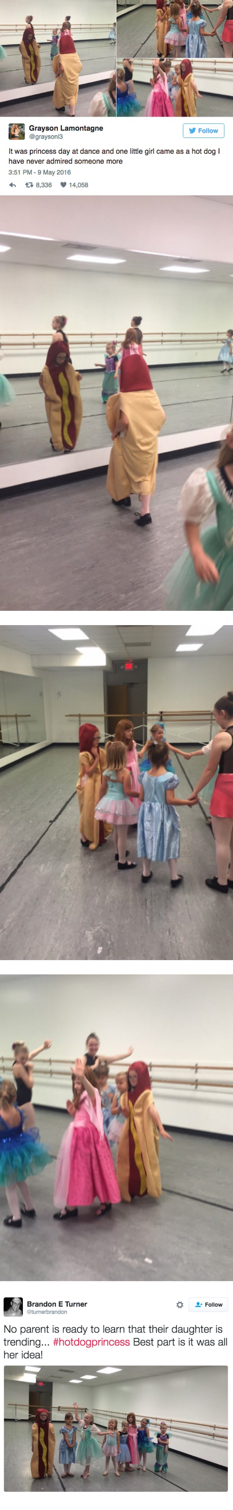 it was princess day at dance and one little girl came as a hot dog, i have never admired someone more