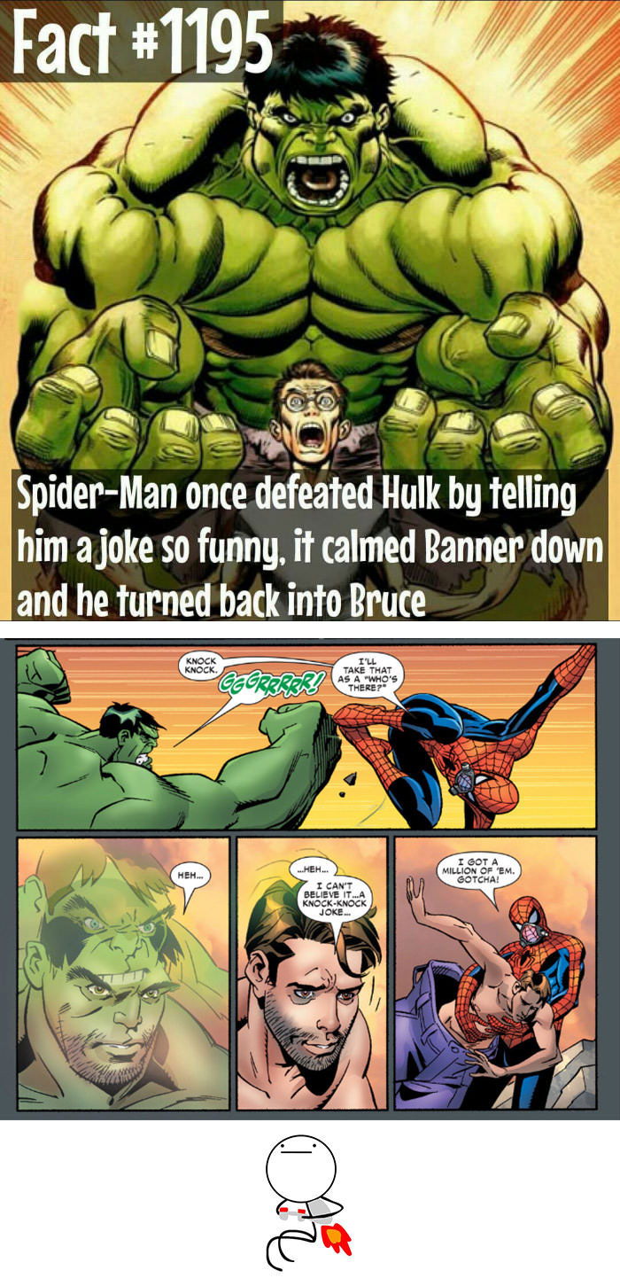spiderman once defeated hulk by telling him a joke so funny it called banner down and he turned back into bruce, comic