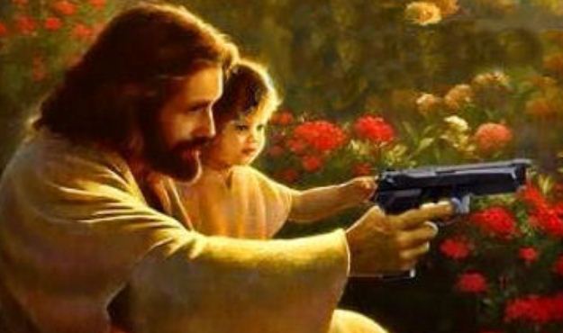 jesus showing a toddler how to use a gun