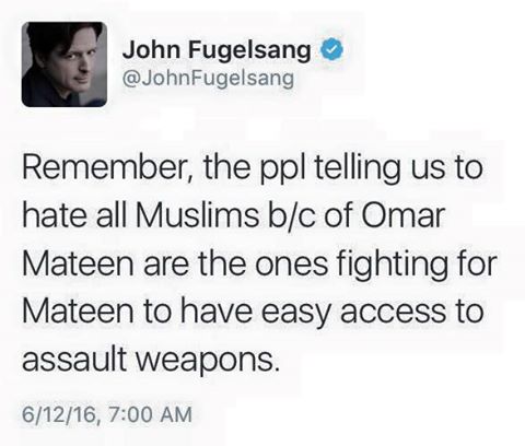remember that the people telling us to hate all muslims because of omar mateen are the ones fighting for mateen to have easy access to assault weapons