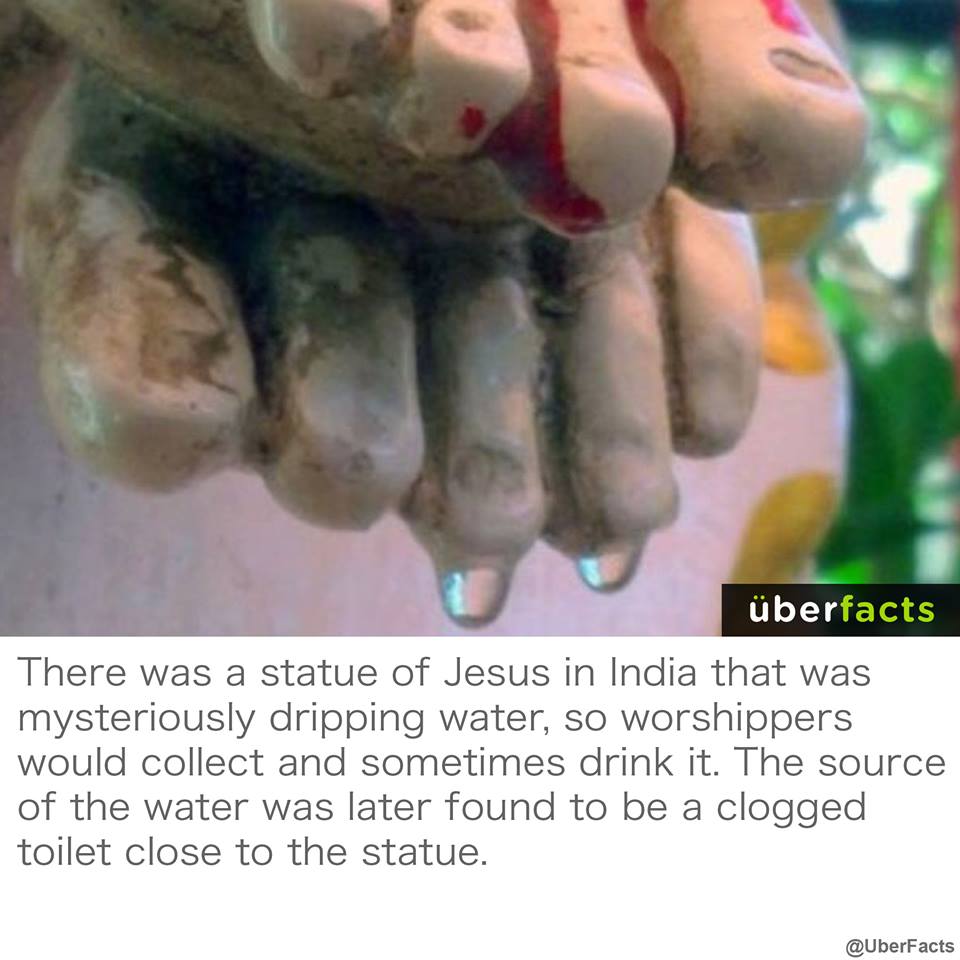 there was a statue of jesus in india that was mysteriously dripping water, so worshipers would collect and sometimes drink it, the source of the water was later found to be a clogged toilet close to the statue
