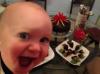 excited baby photobombs desert placement photo