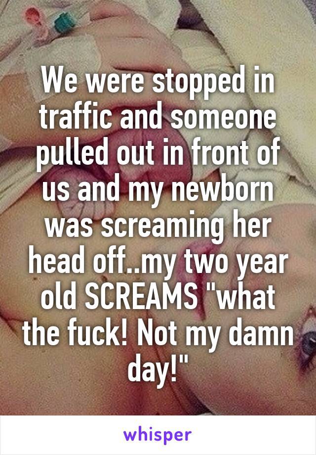we were stopped in traffic and someone pulled out in front of us and my newborn was screaming her head off, my two year old screams, what the fuck, not my damn day