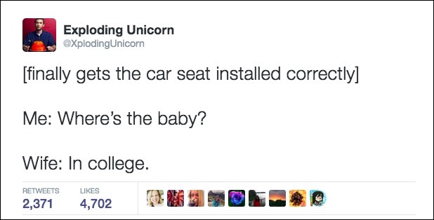finally gets the car seat installed correctly, where's the baby?, in college