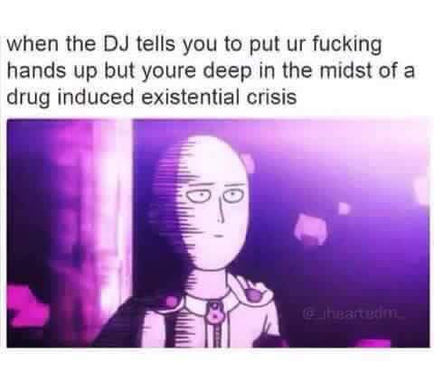 when the dj tells you to put ur fucking hands up but you're deep in the midst of a drug induced existential crisis