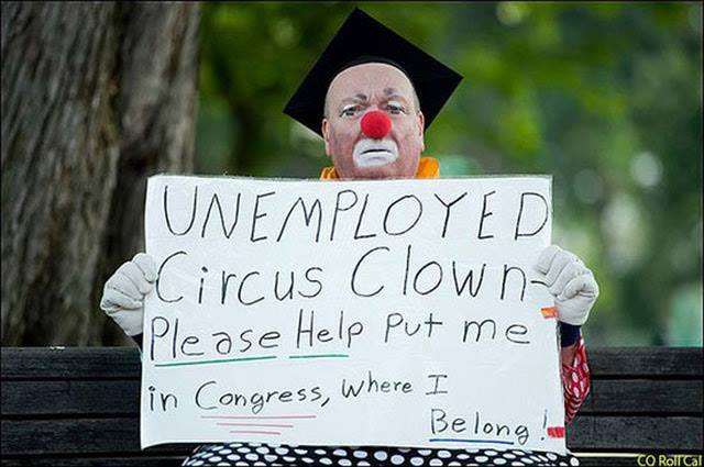 unemployed circus clown, please help put me in congress where i belong