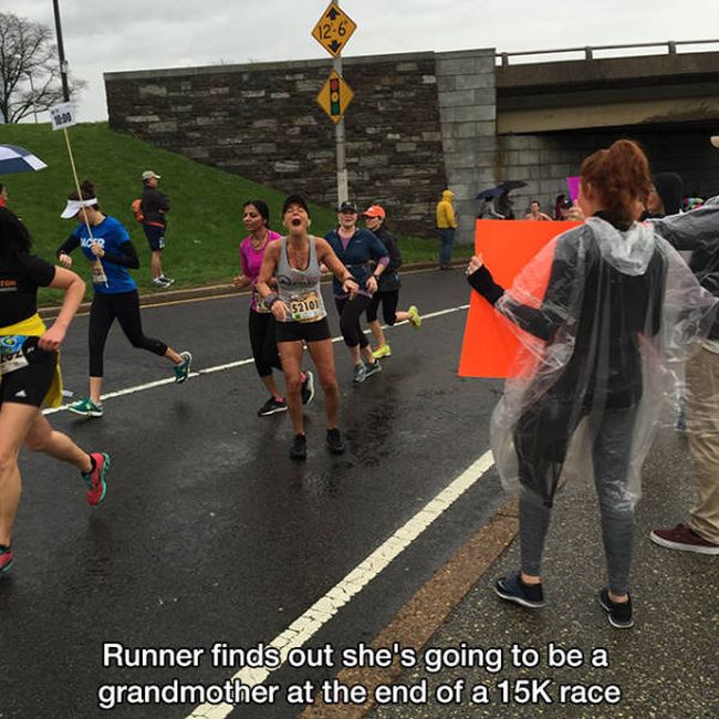 runner finds out she's going to be a grandmother at the end of 15k race