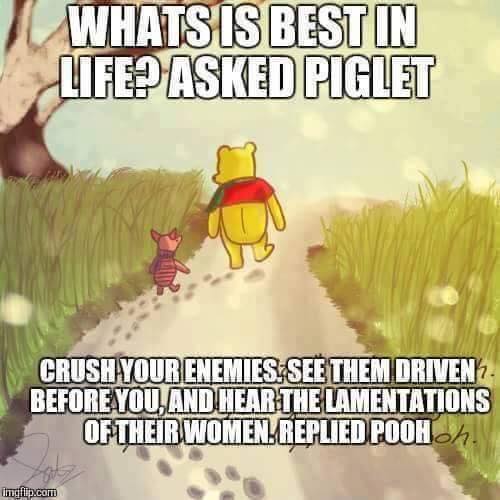 what is best in life, asked piglet?, crush your enemies, see them driven before you and hear the lamentations of their women, replied pooh