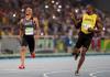 as a canadian who loves jamaica, this is awesome, andre de grasse and usain bolt at the 200m semi final finish line