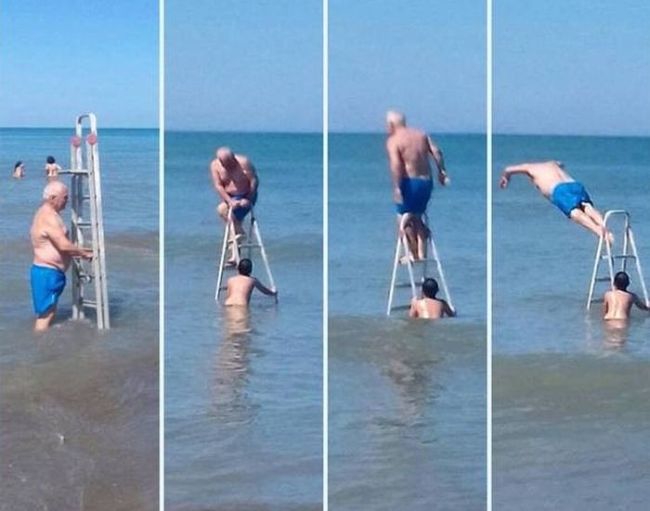 diving from a step ladder at the beach