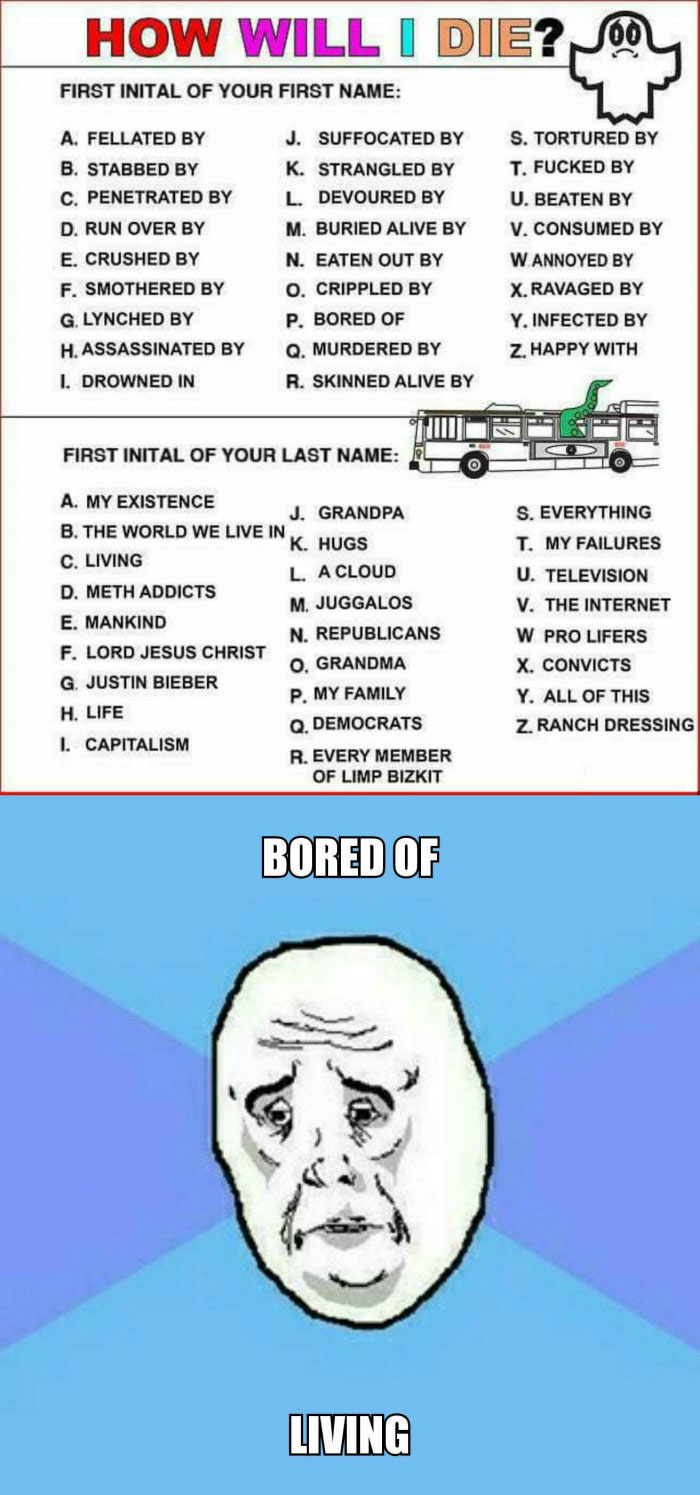 how will i die?, first initial of your name, first initial of your last name, bored of living, meme