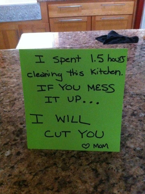 i spent 1.5 hours cleaning the kitchen, if you mess it up i will cut you