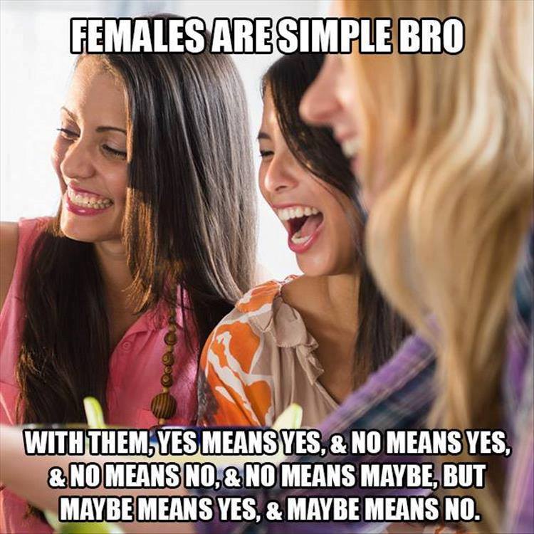 females are simply bro, no means yes, yes means means, yes means no, maybe means yes, maybe means no, meme