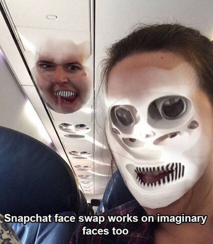 snapchat face swap works on imaginary faces too, creepy plane face swap