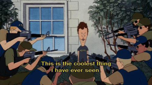 this is the coolest thing i have ever seen, butthead surrounded by swat team with guns drawn