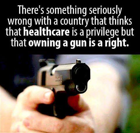 there's something seriously wrong with a country that thinks that healthcare is a privilege but that owning a gun is a right