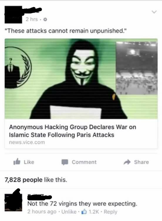 not the 72 virgins they were expecting, anonymous declares war on isis