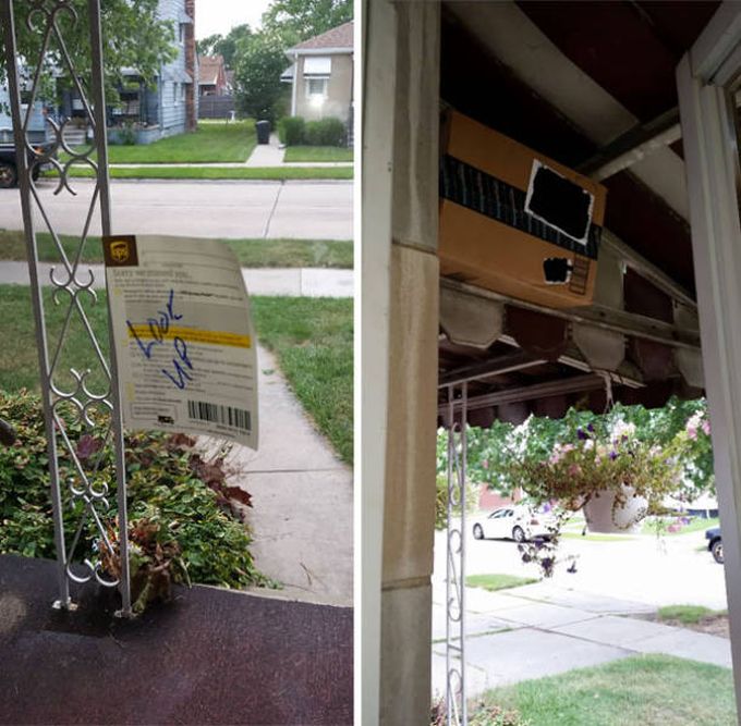 ups says look up, package in porch rafters, delivery fail