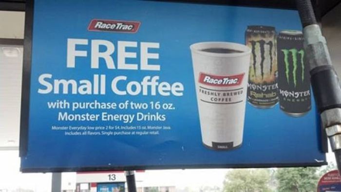 free small coffee with purchase of two 16 oz monster energy drinks