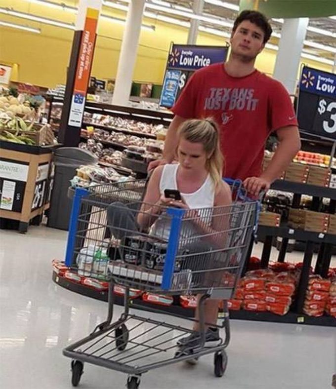 when you know she's high maintenance, girl riding in grocery cart in grocery store