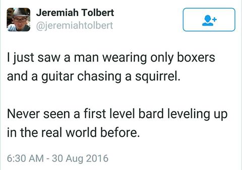 i just saw a man wearing only boxers and a guitar chasing a squirrel, never seen a first level bard leveling up in the real world before