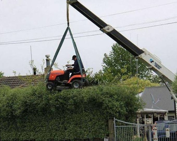 how to trim your giant hedges, crane and riding mower