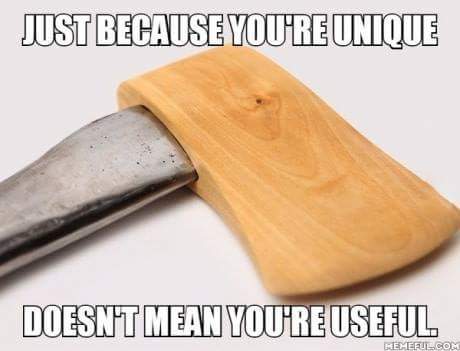 just because you're unique doesn't mean you're useful, wooden axe