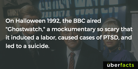 on halloween 1992, the abc aired ghost watch, a rockumentary so scare that it induced a labor, caused cases of ptsd, and led to a suicide, uberfacts