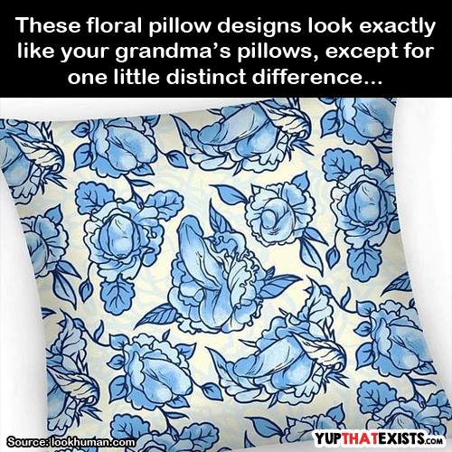 these floral pillow designs look exactly like your grandma's pillows, except for one little distinct differnce