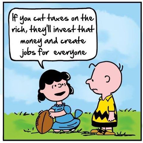 if you cut taxes on the rich, they'll invest that money and create jobs for everyone, the oldest trick in the book, charlie brown