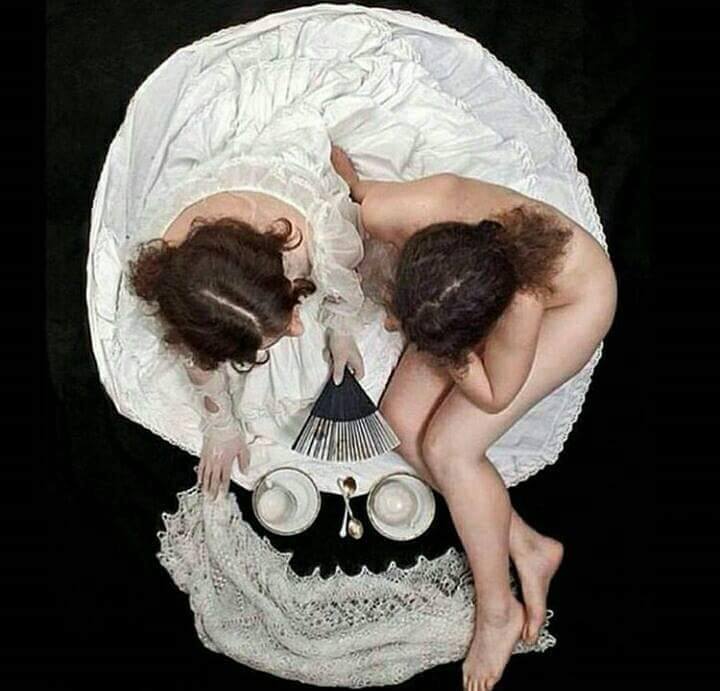 model art, skull, two women