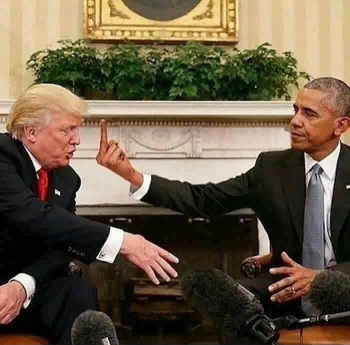 obama meets trump in the white house with an extended middle finger