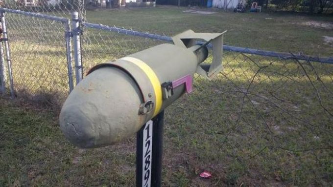 bomb casing mail box, open at your own risk