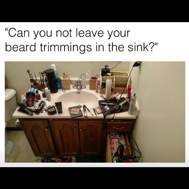 can you not leave beard trimming in the sink?, sink covered in female products