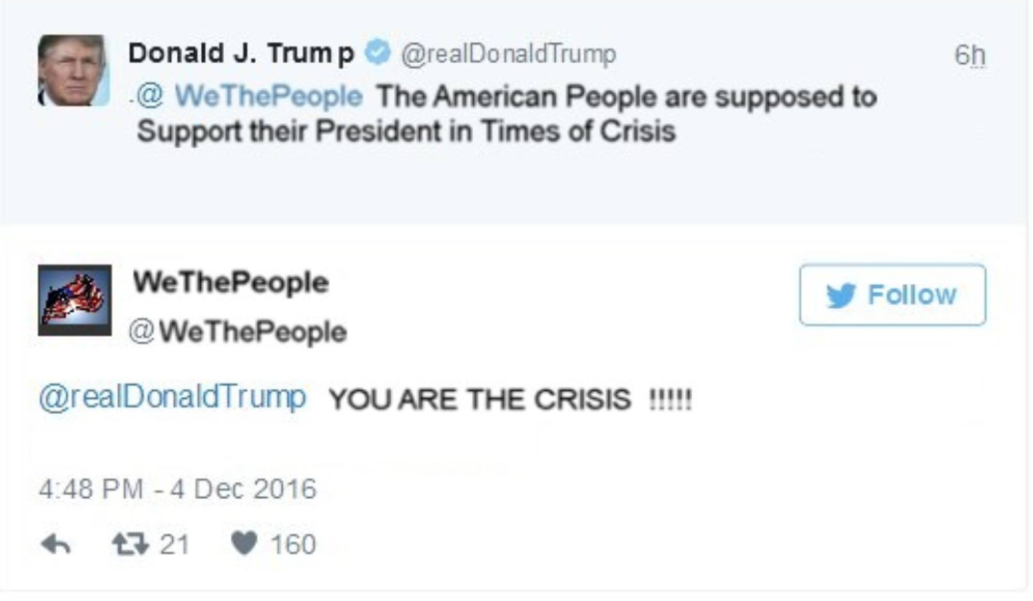 the america people are supposed to support their president in times of crisis, you are the crisis!