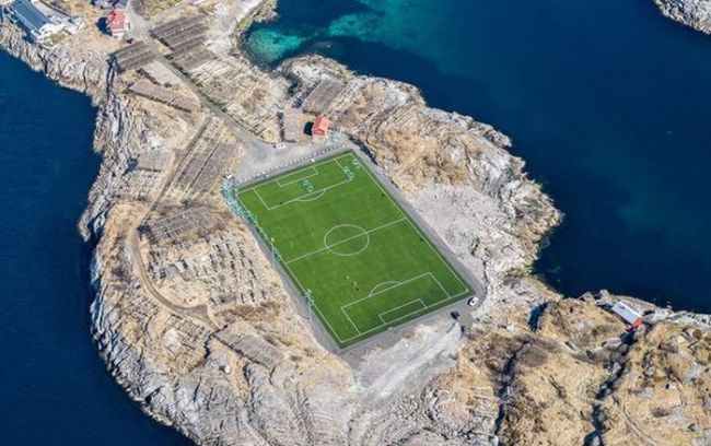 pristine soccer field on rocky coast
