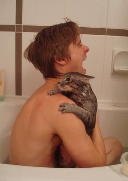the moment you realize how bad your idea was, man washing cat in bath gets scratched