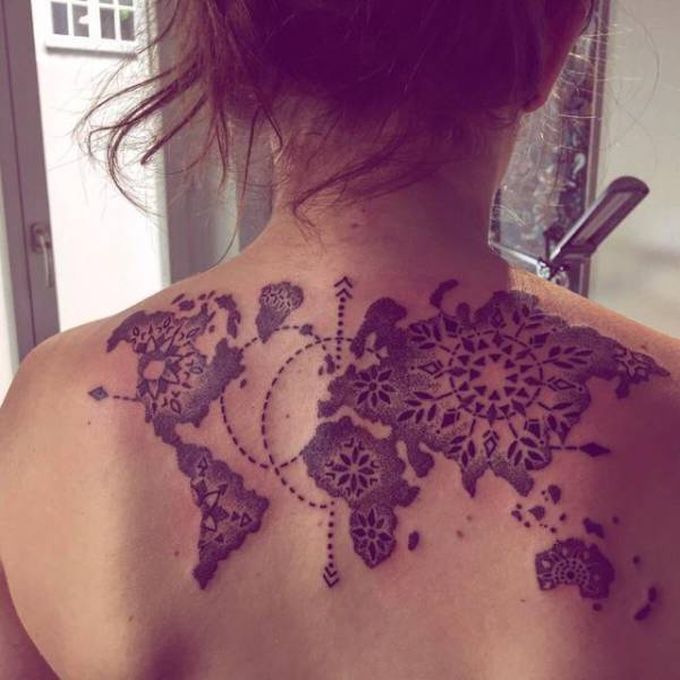 world map tattoo on back