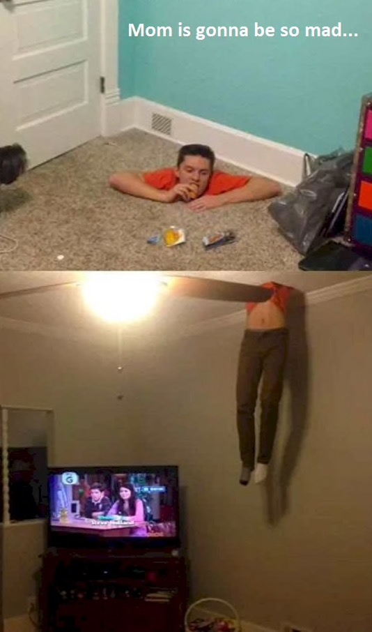 mom is gonna be so mad, kid hanging through ceiling
