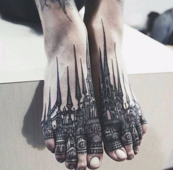 cityscape tattoo on feet